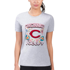 Heather Gray Cincinnati Reds G-III 4Her by Carl Banks Women's Super-Slim Fit Lightweight Flowers Graphic T-Shirt