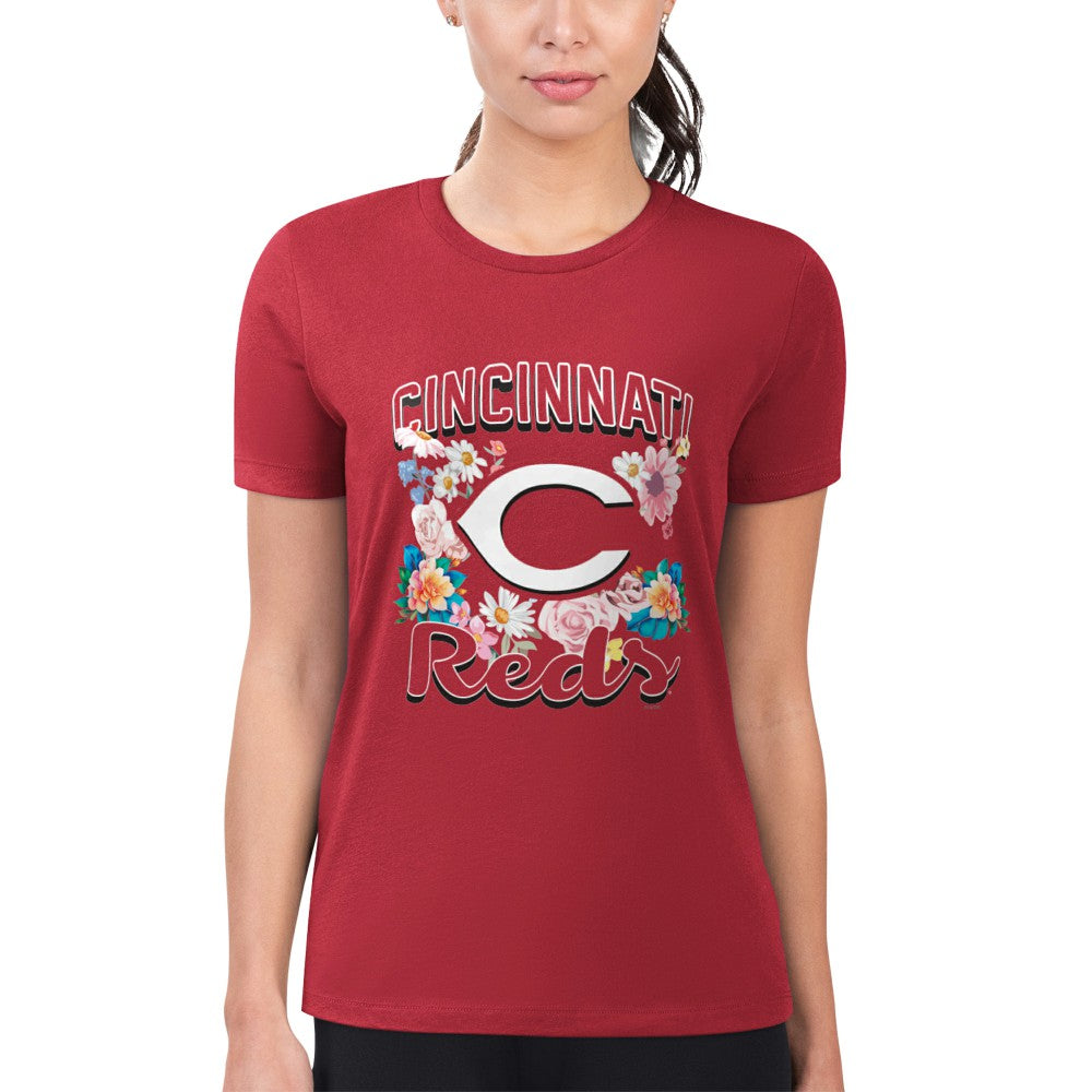 Red Cincinnati Reds G-III 4Her by Carl Banks Women's Super-Slim Fit Lightweight Flowers Graphic T-Shirt