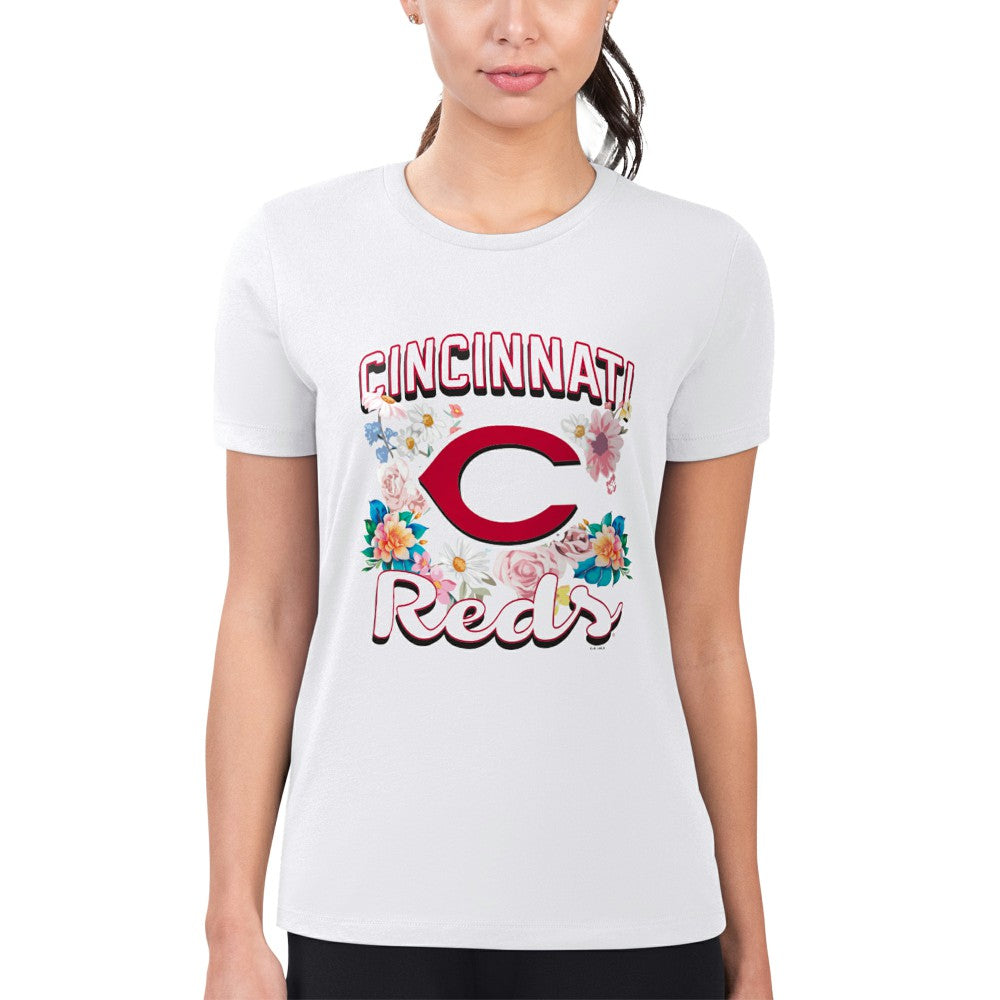 White Cincinnati Reds G-III 4Her by Carl Banks Women's Super-Slim Fit Lightweight Flowers Graphic T-Shirt