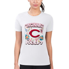 White Cincinnati Reds G-III 4Her by Carl Banks Women's Super-Slim Fit Lightweight Flowers Graphic T-Shirt