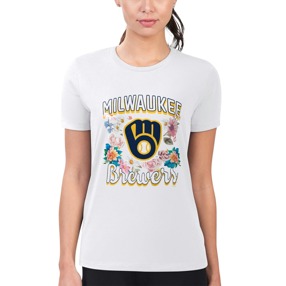 White Milwaukee Brewers G-III 4Her by Carl Banks Women's Super-Slim Fit Lightweight Flowers Graphic T-Shirt