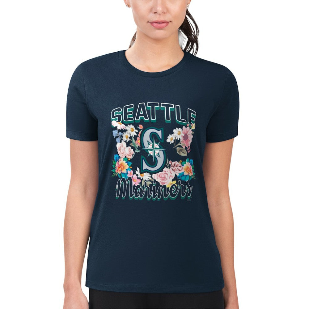 Navy Seattle Mariners G-III 4Her by Carl Banks Women's Super-Slim Fit Lightweight Flowers Graphic T-Shirt