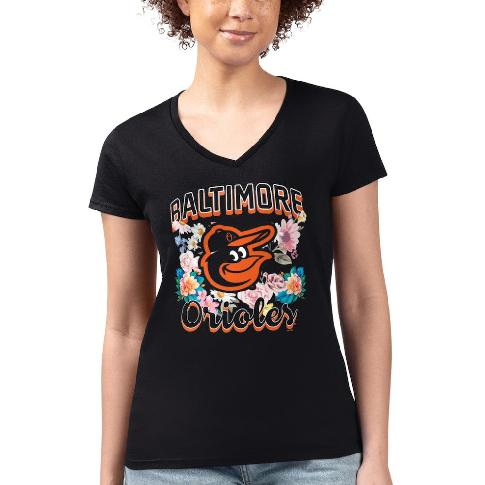Black Baltimore Orioles G-III 4Her by Carl Banks Women's Super-Slim Fit Lightweight Flowers Graphic V-Neck T-Shirt