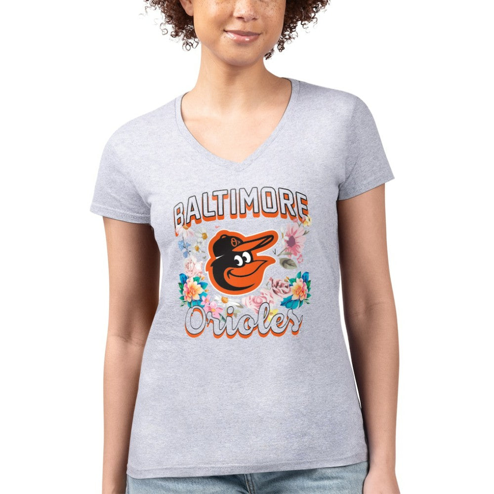 Heather Gray Baltimore Orioles G-III 4Her by Carl Banks Women's Super-Slim Fit Lightweight Flowers Graphic V-Neck T-Shirt
