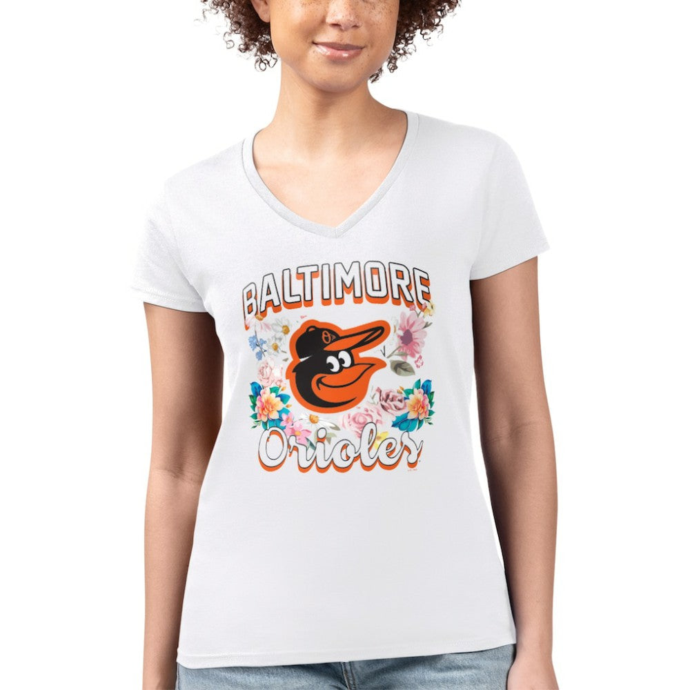 White Baltimore Orioles G-III 4Her by Carl Banks Women's Super-Slim Fit Lightweight Flowers Graphic V-Neck T-Shirt