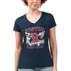Navy Boston Red Sox G-III 4Her by Carl Banks Women's Super-Slim Fit Lightweight Flowers Graphic V-Neck T-Shirt
