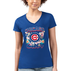 Royal Chicago Cubs G-III 4Her by Carl Banks Women's Super-Slim Fit Lightweight Flowers Graphic V-Neck T-Shirt