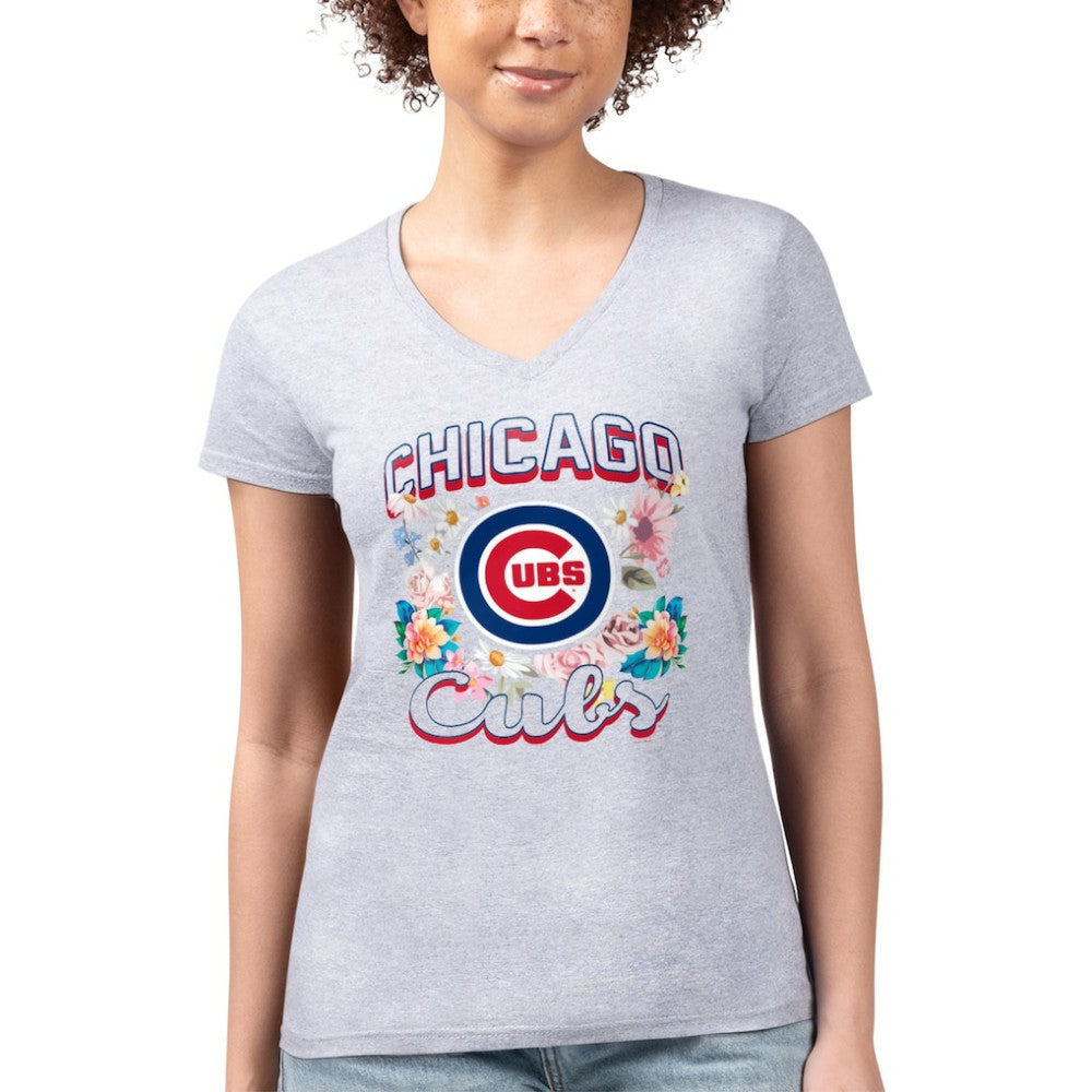 Heather Gray Chicago Cubs G-III 4Her by Carl Banks Women's Super-Slim Fit Lightweight Flowers Graphic V-Neck T-Shirt