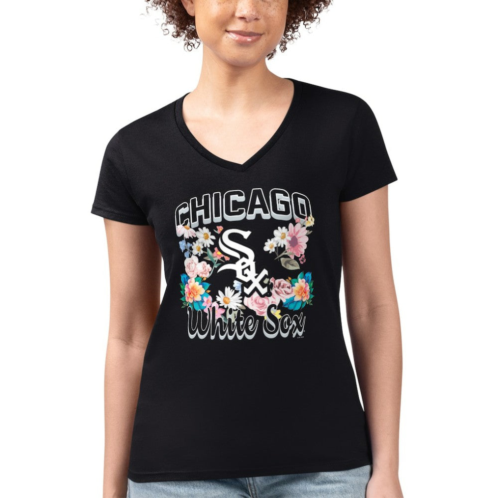 Black Chicago White Sox G-III 4Her by Carl Banks Women's Super-Slim Fit Lightweight Flowers Graphic V-Neck T-Shirt