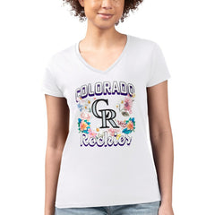 White Colorado Rockies G-III 4Her by Carl Banks Women's Super-Slim Fit Lightweight Flowers Graphic V-Neck T-Shirt