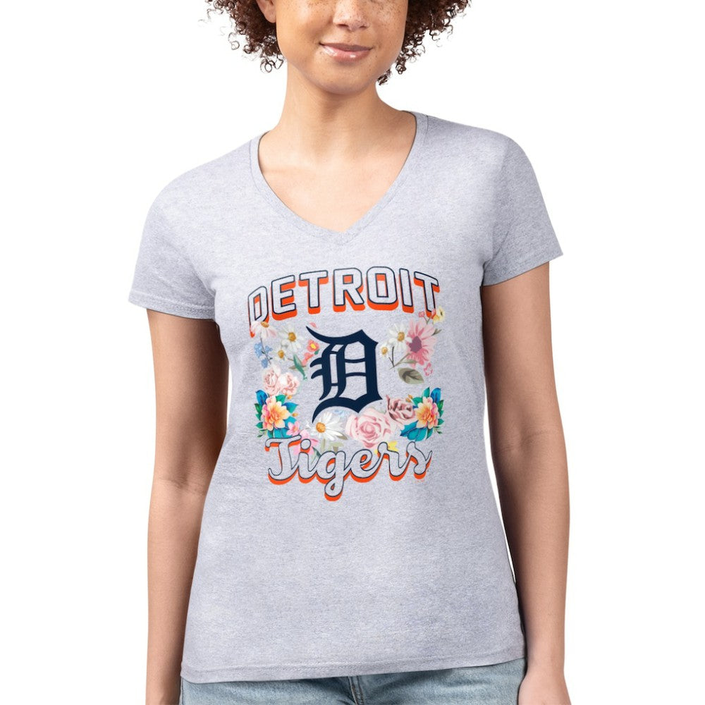 Heather Gray Detroit Tigers G-III 4Her by Carl Banks Women's Super-Slim Fit Lightweight Flowers Graphic V-Neck T-Shirt
