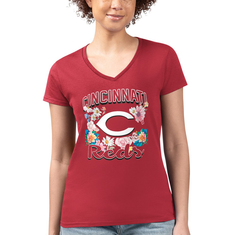 Red Cincinnati Reds G-III 4Her by Carl Banks Women's Super-Slim Fit Lightweight Flowers Graphic V-Neck T-Shirt