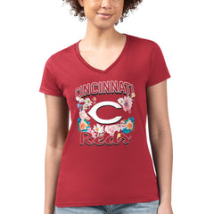 Red Cincinnati Reds G-III 4Her by Carl Banks Women's Super-Slim Fit Lightweight Flowers Graphic V-Neck T-Shirt