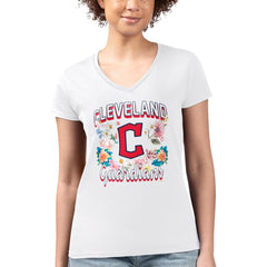 White Cleveland Guardians G-III 4Her by Carl Banks Women's Super-Slim Fit Lightweight Flowers Graphic V-Neck T-Shirt