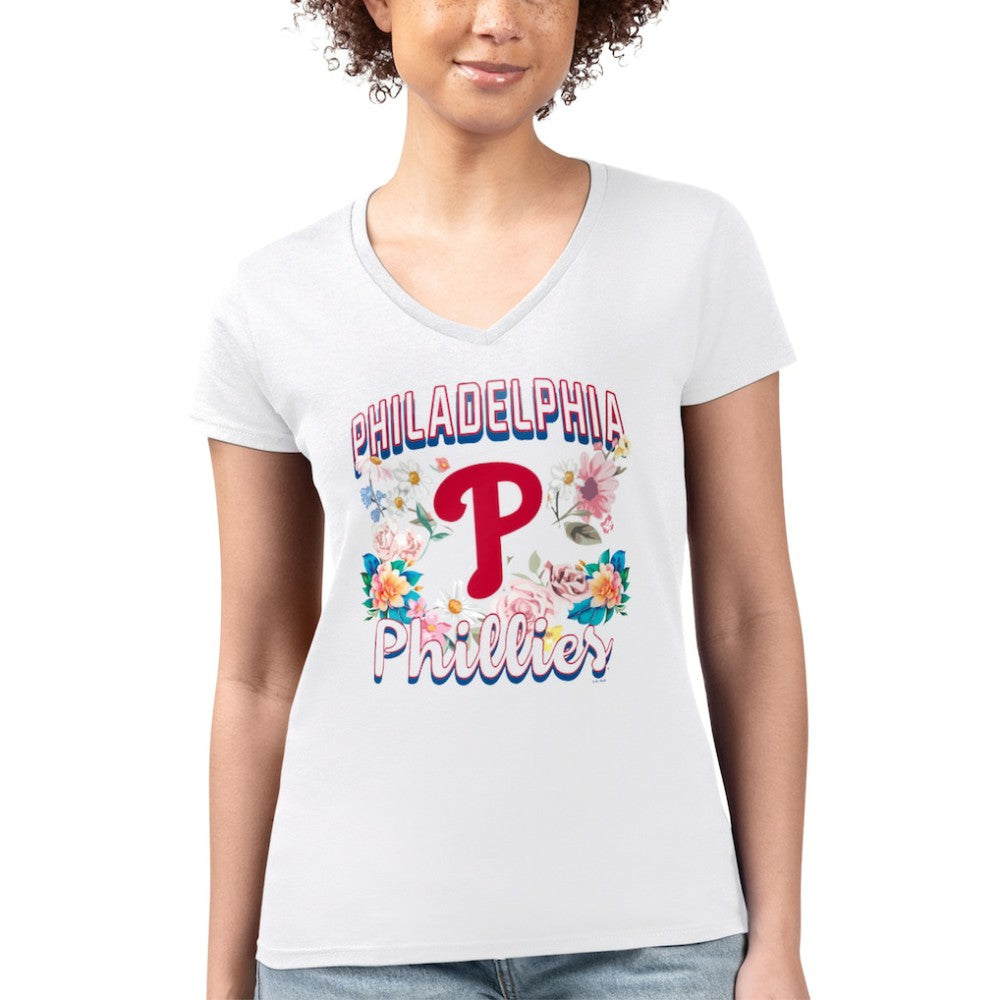 White Philadelphia Phillies G-III 4Her by Carl Banks Women's Super-Slim Fit Lightweight Flowers Graphic V-Neck T-Shirt