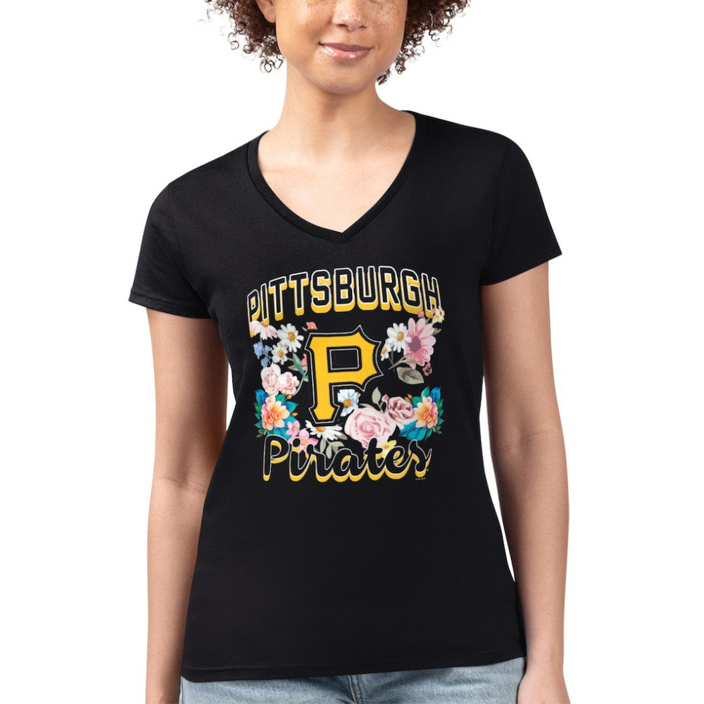 Black Pittsburgh Pirates G-III 4Her by Carl Banks Women's Super-Slim Fit Lightweight Flowers Graphic V-Neck T-Shirt
