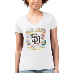 White San Diego Padres G-III 4Her by Carl Banks Women's Super-Slim Fit Lightweight Flowers Graphic V-Neck T-Shirt