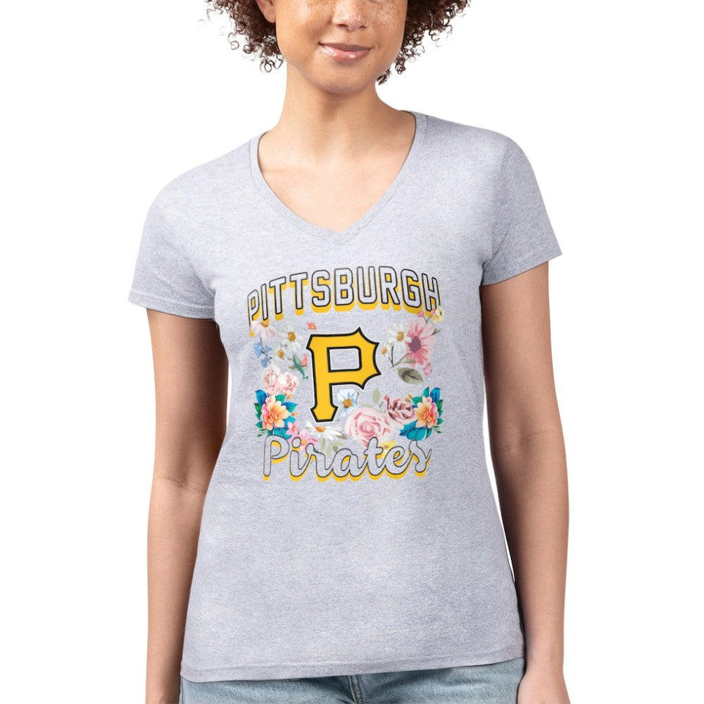 Heather Gray Pittsburgh Pirates G-III 4Her by Carl Banks Women's Super-Slim Fit Lightweight Flowers Graphic V-Neck T-Shirt