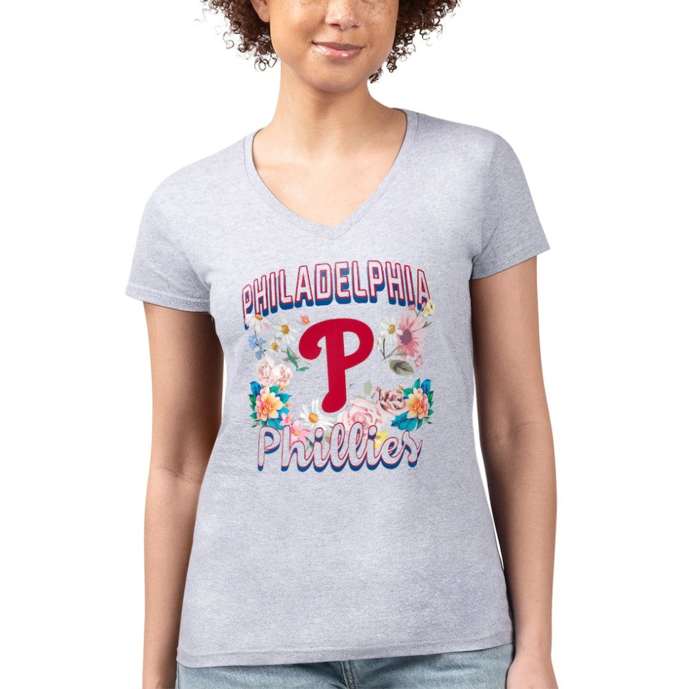 Heather Gray Philadelphia Phillies G-III 4Her by Carl Banks Women's Super-Slim Fit Lightweight Flowers Graphic V-Neck T-Shirt