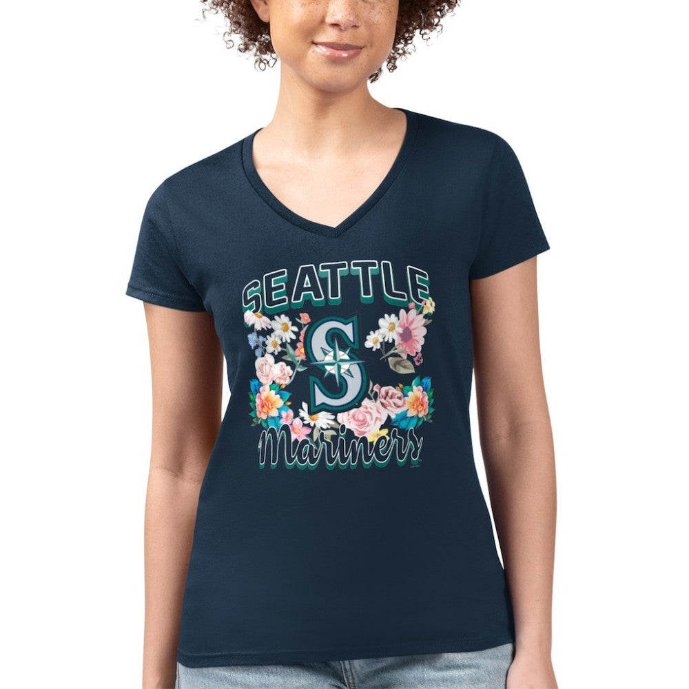 Navy Seattle Mariners G-III 4Her by Carl Banks Women's Super-Slim Fit Lightweight Flowers Graphic V-Neck T-Shirt