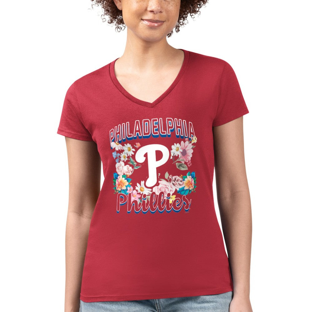 Red Philadelphia Phillies G-III 4Her by Carl Banks Women's Super-Slim Fit Lightweight Flowers Graphic V-Neck T-Shirt