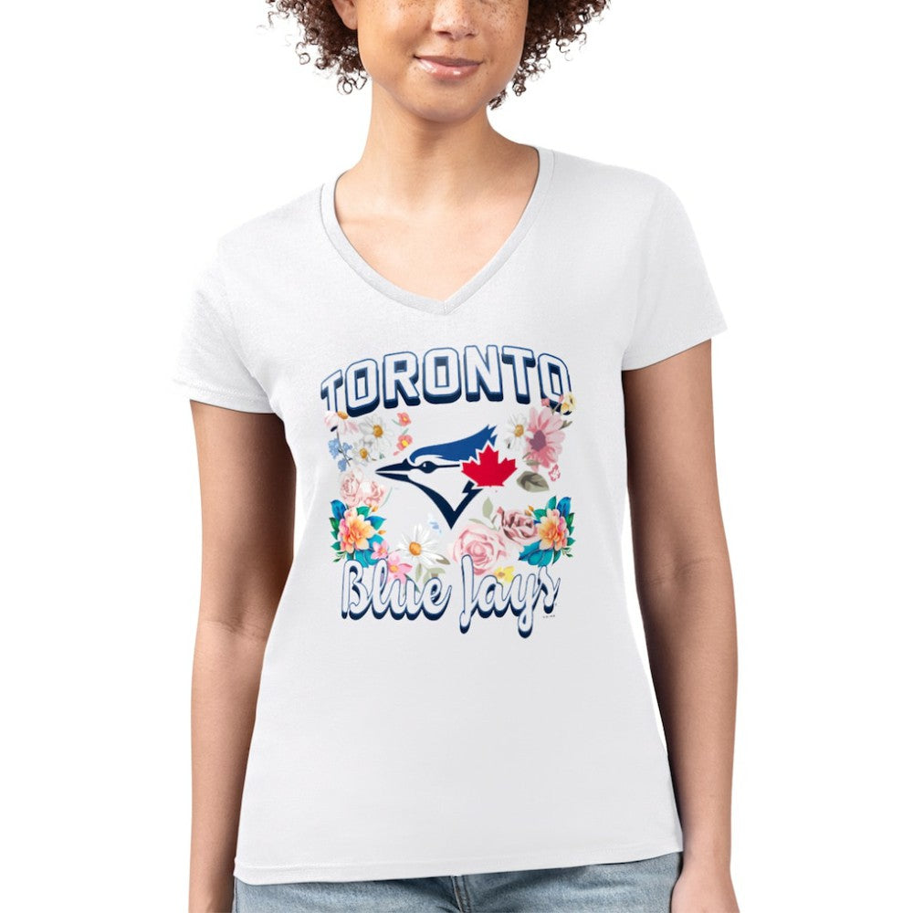 White Toronto Blue Jays G-III 4Her by Carl Banks Women's Super-Slim Fit Lightweight Flowers Graphic V-Neck T-Shirt