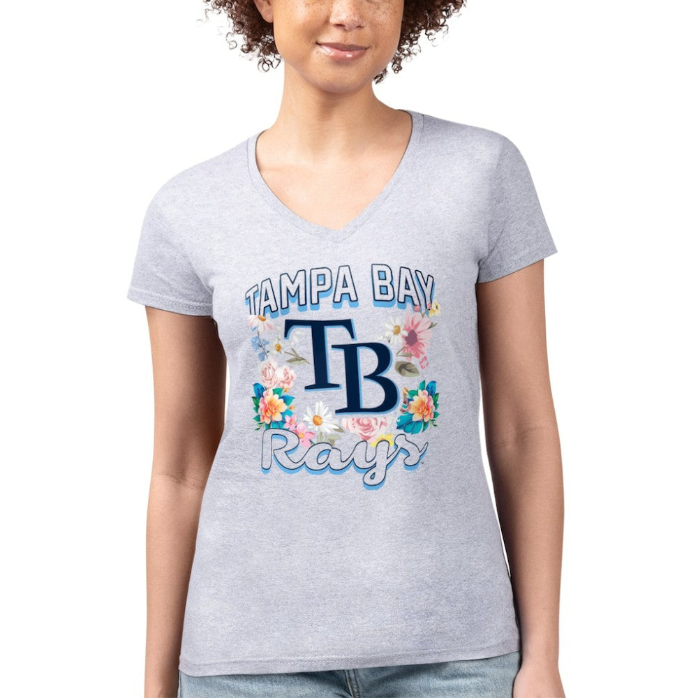 Heather Gray Tampa Bay Rays G-III 4Her by Carl Banks Women's Super-Slim Fit Lightweight Flowers Graphic V-Neck T-Shirt