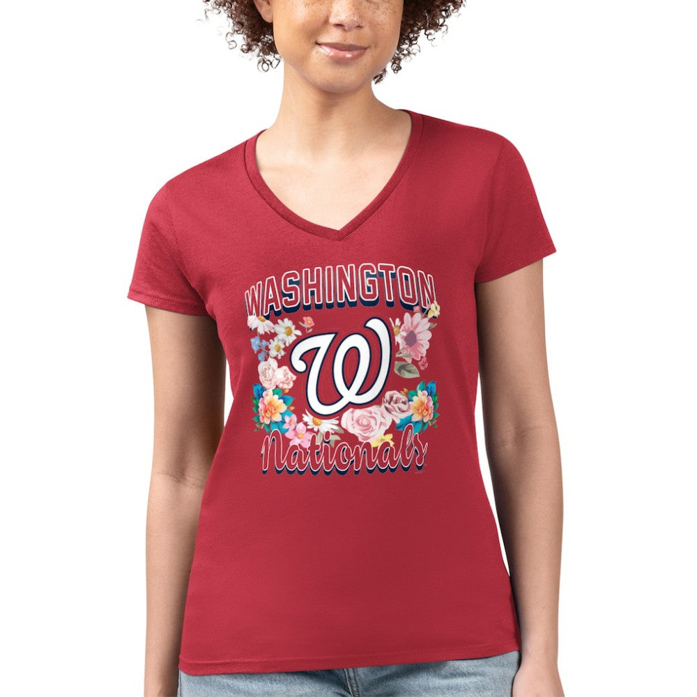 Red Washington Nationals G-III 4Her by Carl Banks Women's Super-Slim Fit Lightweight Flowers Graphic V-Neck T-Shirt