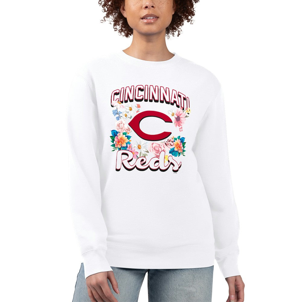 White Cincinnati Reds G-III 4Her by Carl Banks Women's Flowers Graphic Pullover Sweatshirt