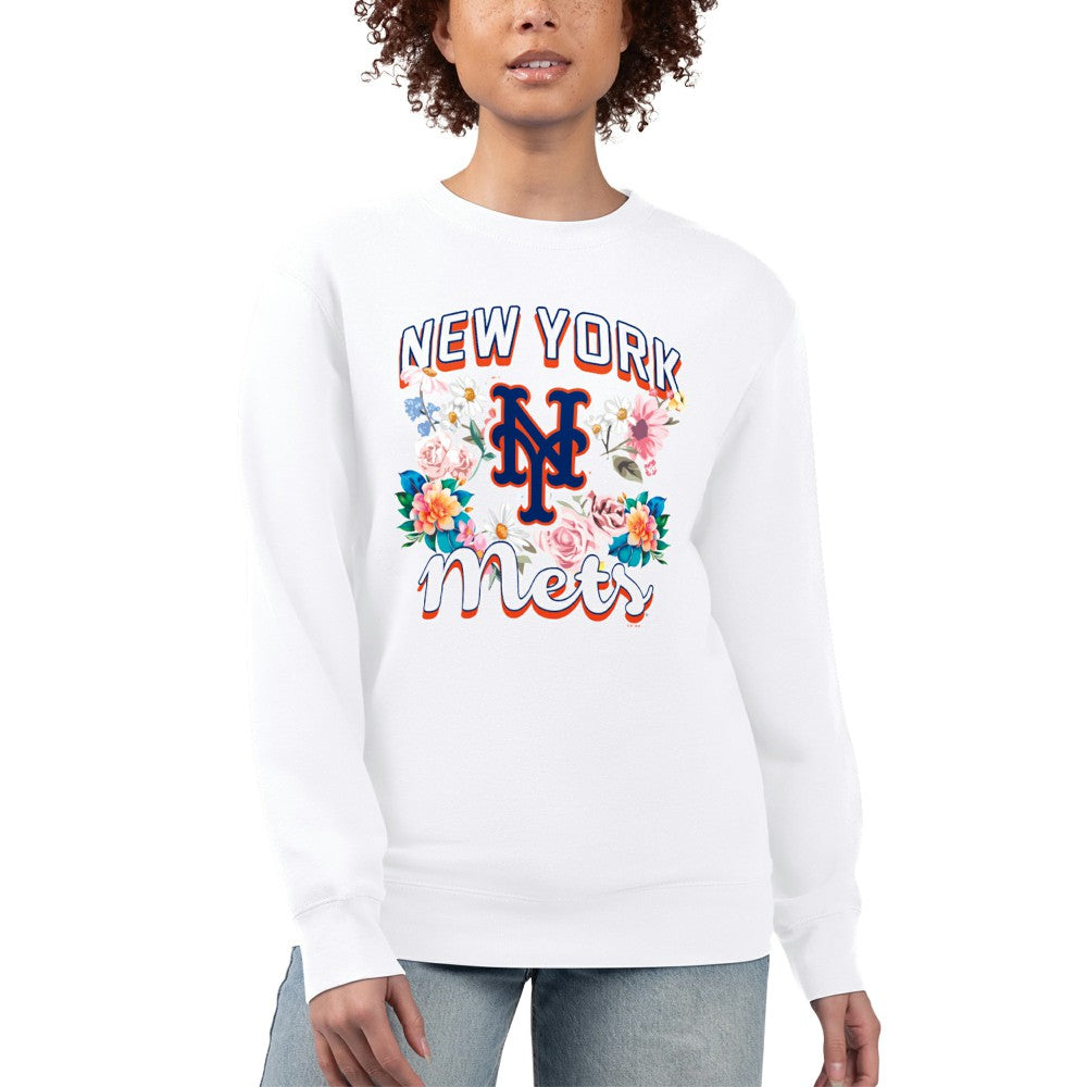 White New York Mets G-III 4Her by Carl Banks Women's Flowers Graphic Pullover Sweatshirt