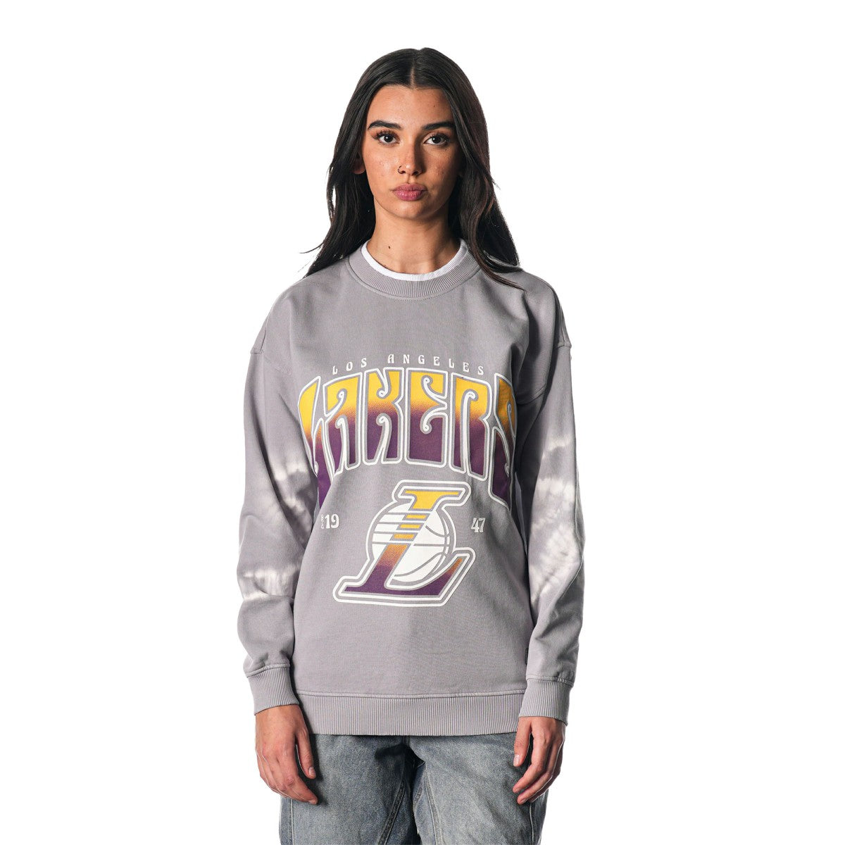 Los Angeles Lakers The Wild Collective Women's Bleached Tie-Dye Pullover Sweatshirt