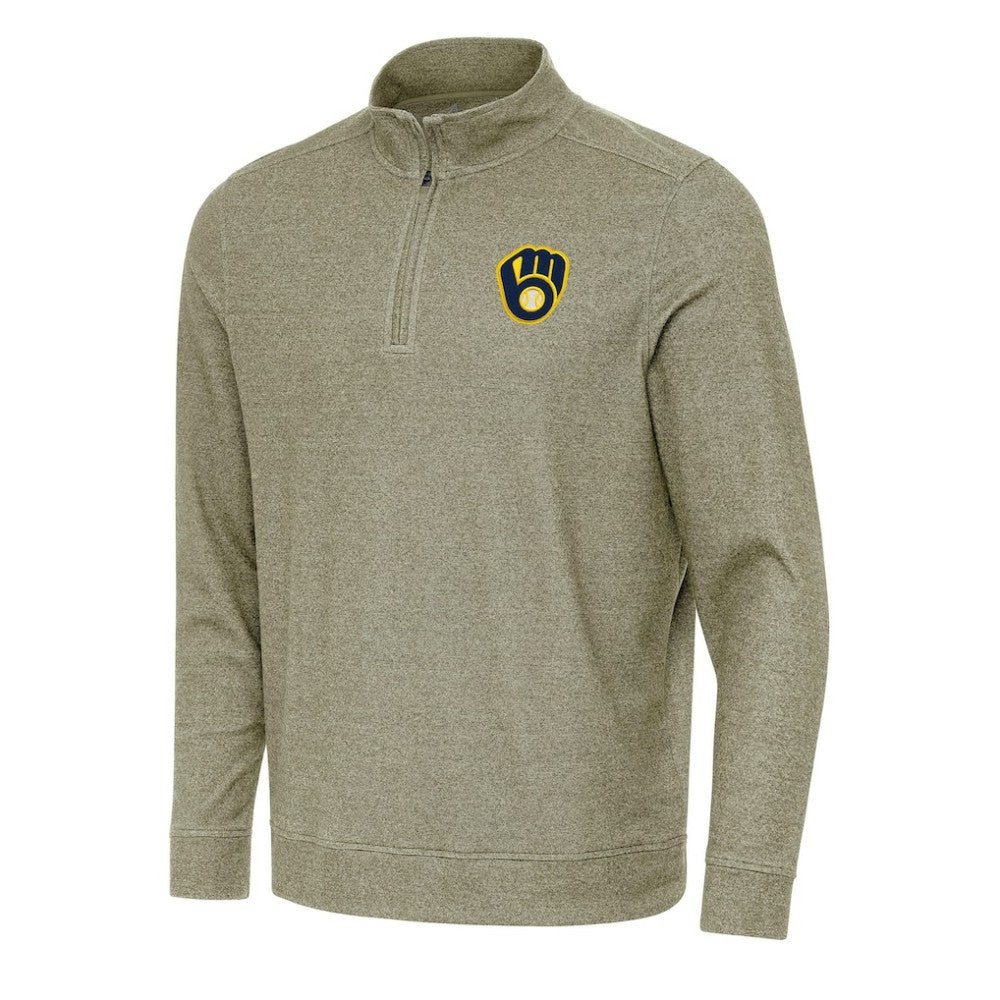Heather Olive Milwaukee Brewers Antigua Subtle Quarter-Zip Sweatshirt
