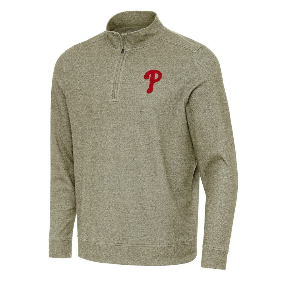 Heather Olive Philadelphia Phillies Antigua Subtle Quarter-Zip Sweatshirt
