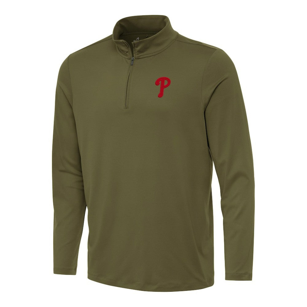 Olive Philadelphia Phillies Antigua Reprocess Quarter-Zip Top