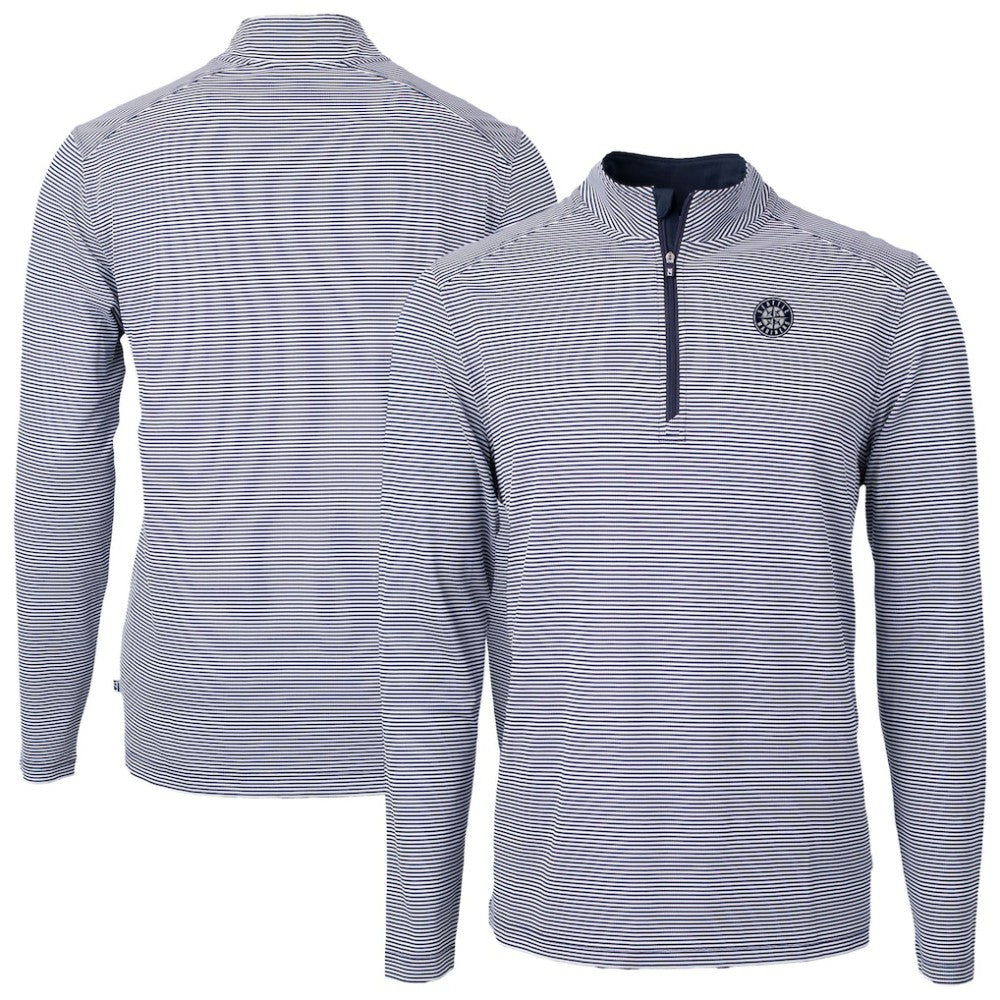 Navy Seattle Mariners Cutter & Buck Virtue Eco Pique Micro Stripe Quarter-Zip Jacket