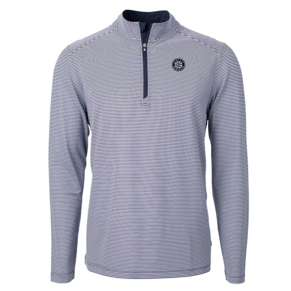 Navy Seattle Mariners Cutter & Buck Virtue Eco Pique Micro Stripe Quarter-Zip Jacket