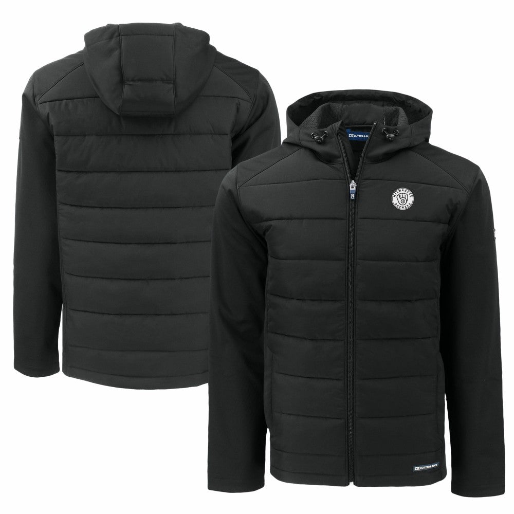 Black Milwaukee Brewers Cutter & Buck Big & Tall Evoke Hybrid Eco Softshell Recycled Full-Zip Hooded PrimaLoft Jacket