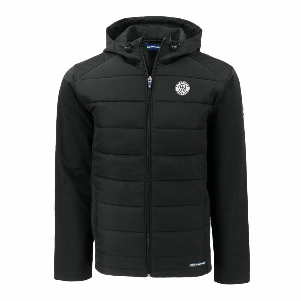 Black Milwaukee Brewers Cutter & Buck Big & Tall Evoke Hybrid Eco Softshell Recycled Full-Zip Hooded PrimaLoft Jacket