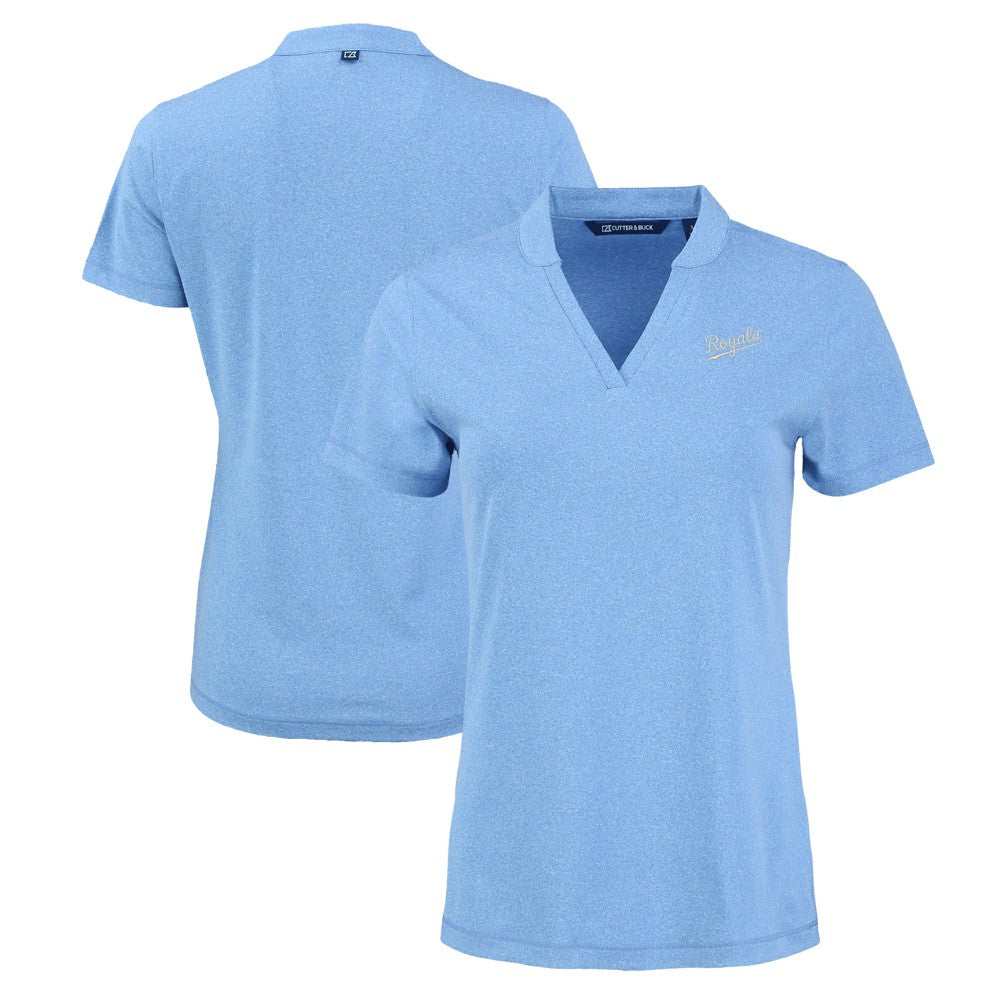 Heather Light Blue Kansas City Royals Cutter & Buck Women's Forge Stretch Blade DryTec V-Neck Polo