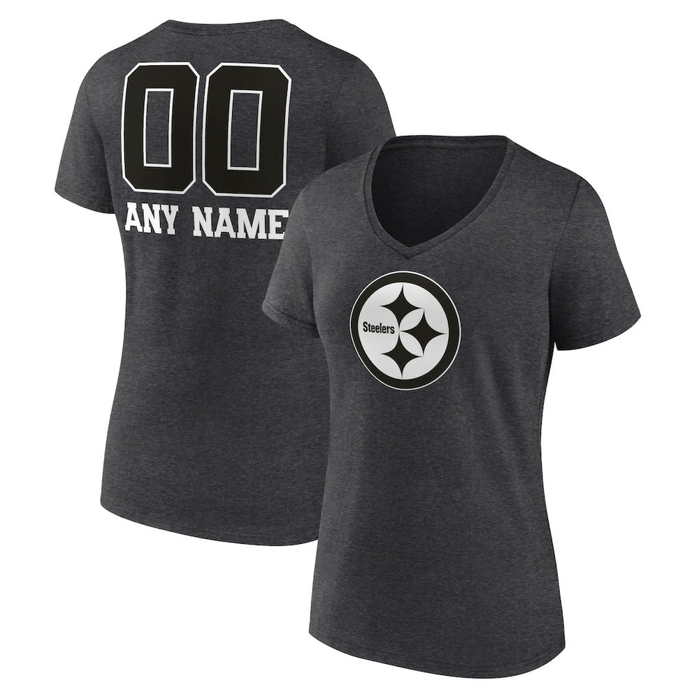 Women's Personalized Name & Number Monochrome V-Neck Long Sleeve T-Shirt - Pittsburgh Steelers T-shirts