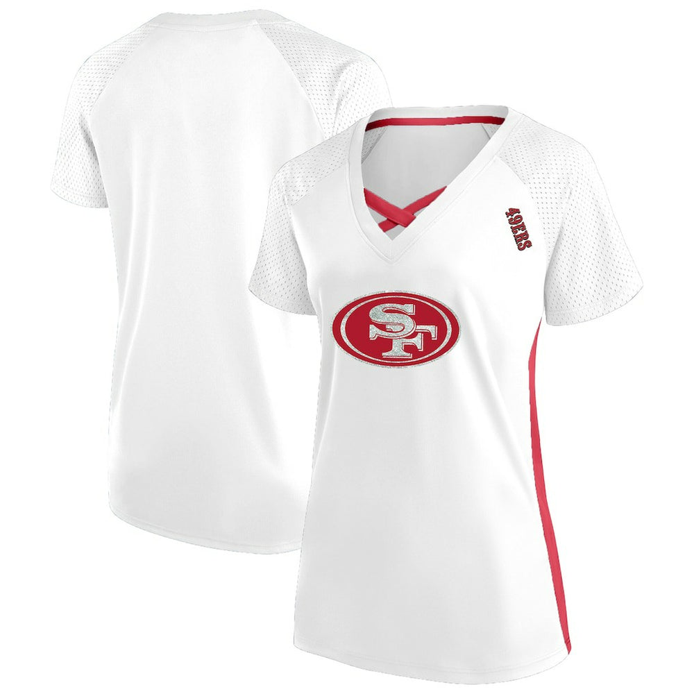 Women's Plus Size Glitter Lace-Up V- Neck T-Shirt - San Francisco 49ers T-shirts