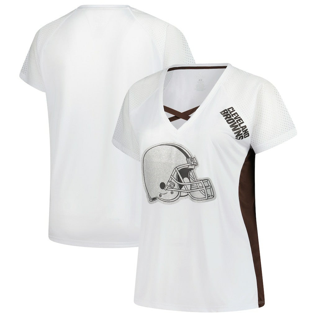 Women's Plus Size Glitter Lace-Up V- Neck T-Shirt - Cleveland Browns T-shirts