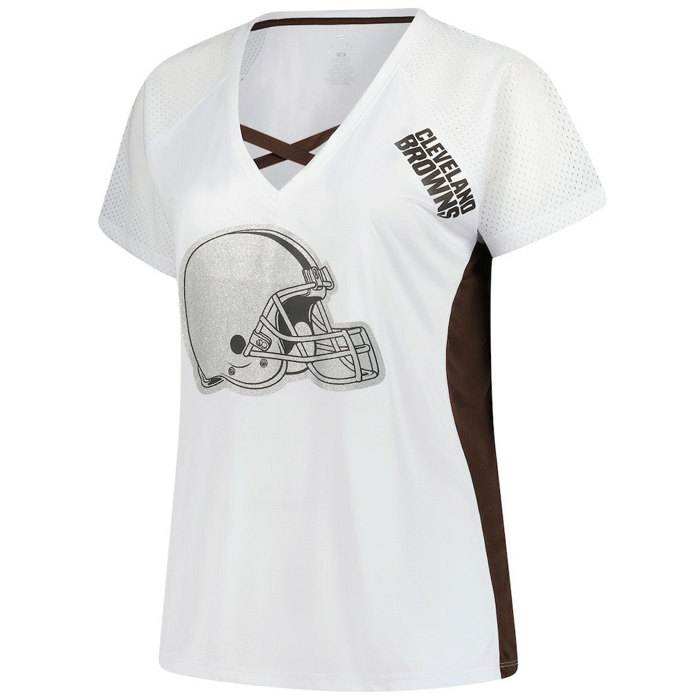 Women's Plus Size Glitter Lace-Up V- Neck T-Shirt - Cleveland Browns T-shirts