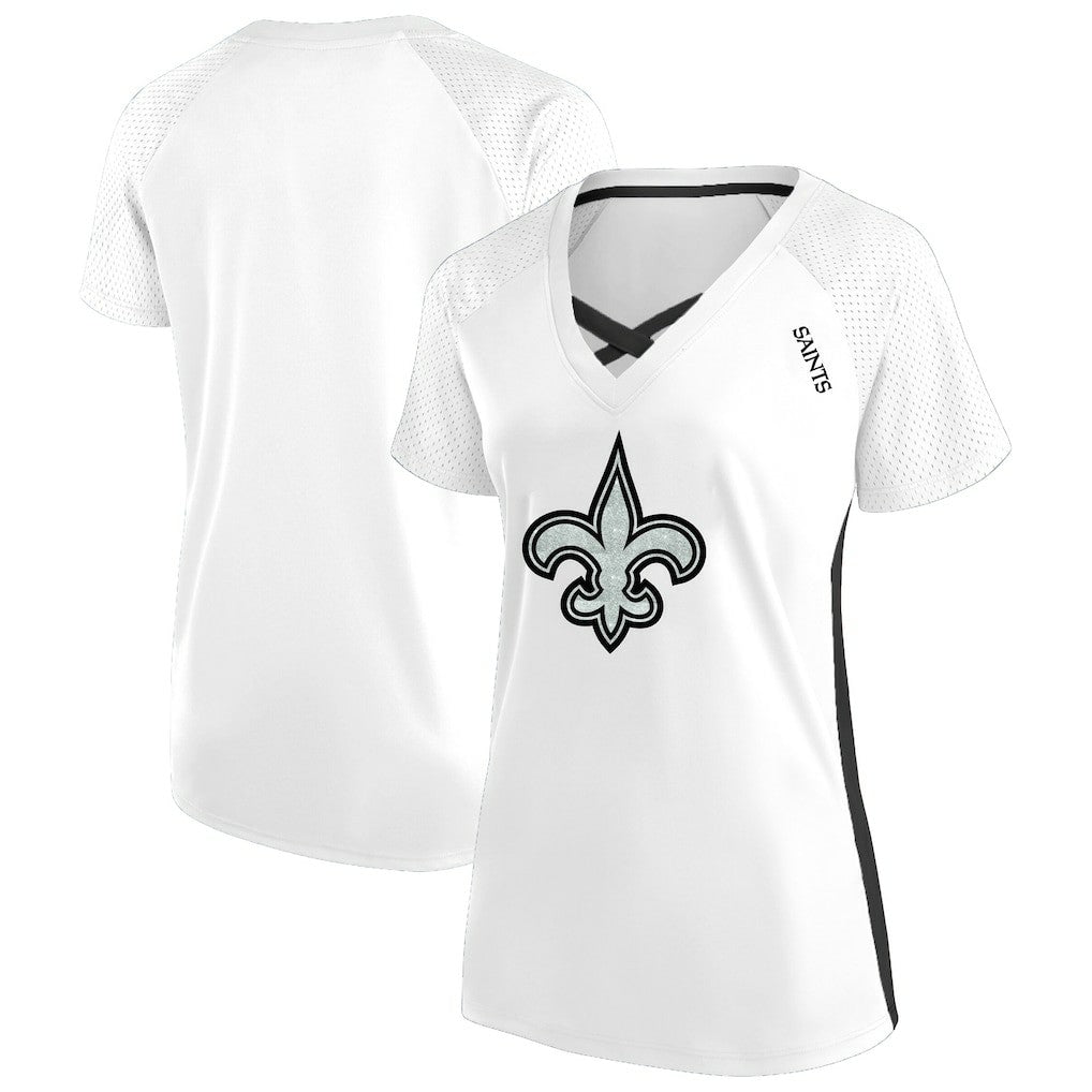 Women's Plus Size Glitter Lace-Up V- Neck T-Shirt - New Orleans Saints T-shirts