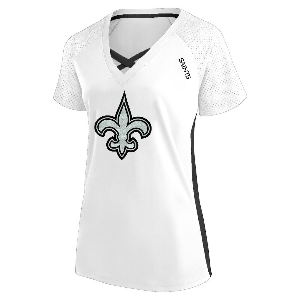 Women's Plus Size Glitter Lace-Up V- Neck T-Shirt - New Orleans Saints T-shirts