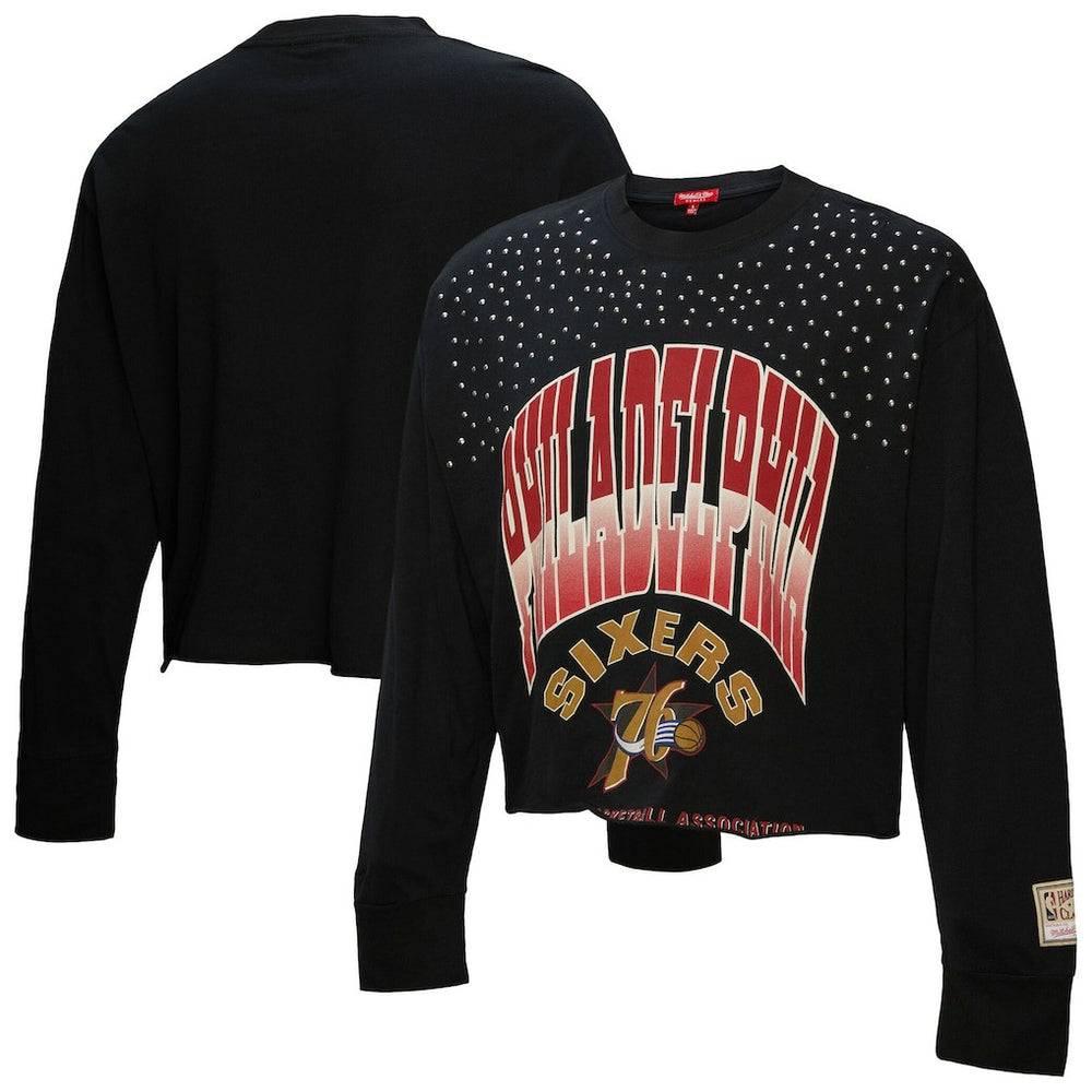 Mitchell & Ness Philadelphia 76ers Women's Hardwood Classics Studded Boxy Cropped Long Sleeve T-Shirt