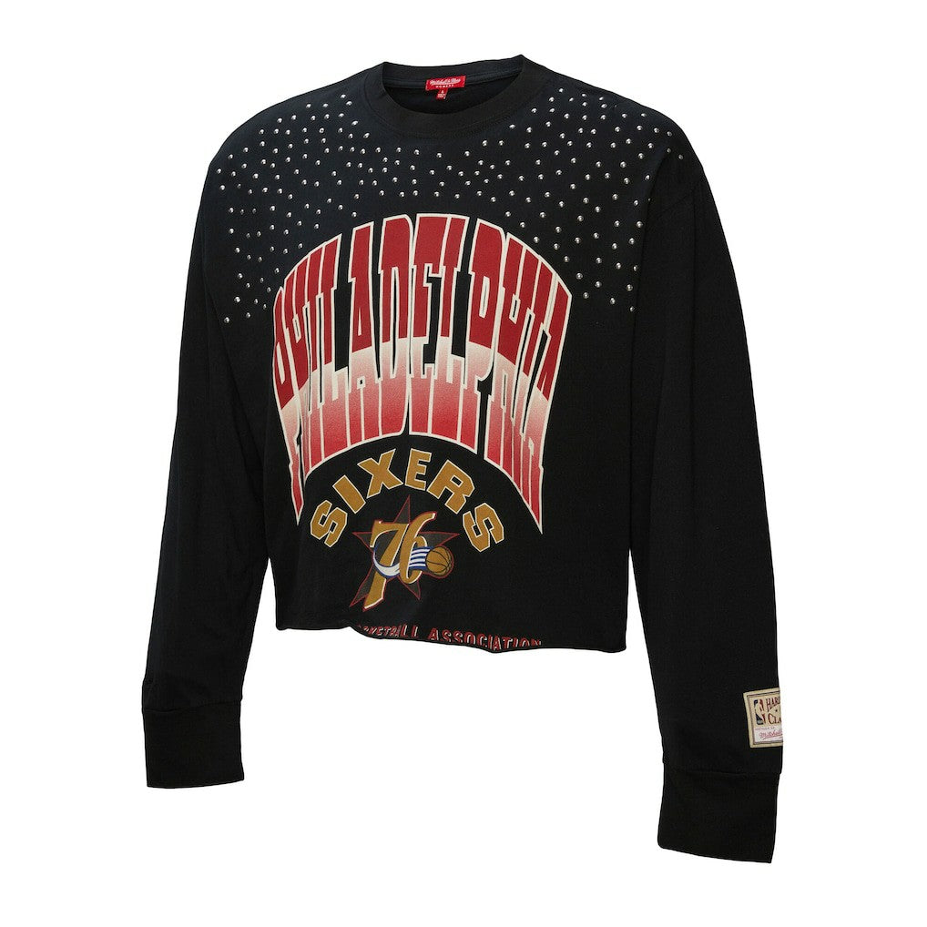 Mitchell & Ness Philadelphia 76ers Women's Hardwood Classics Studded Boxy Cropped Long Sleeve T-Shirt