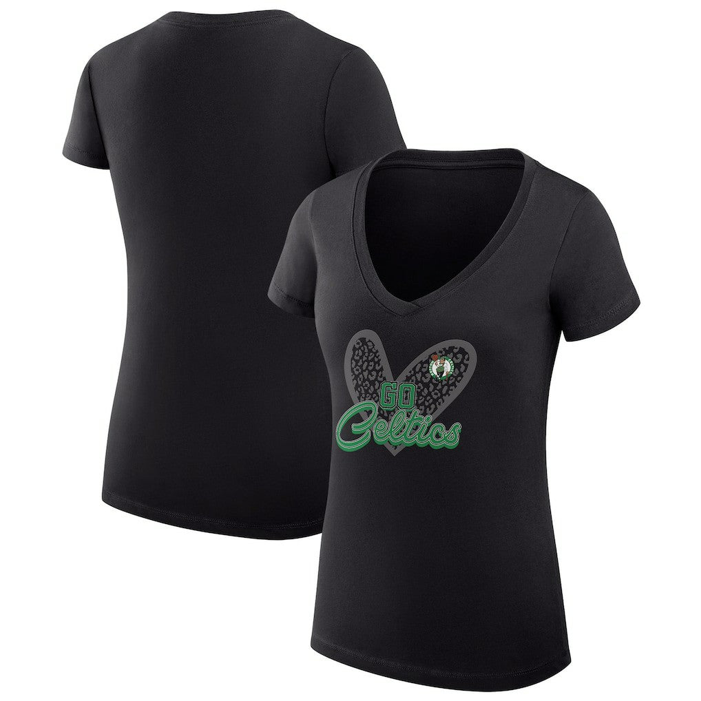 Boston Celtics G-III 4Her by Carl Banks Women's Super-Slim Fit Lightweight Leopard Heart V-Neck T-Shirt