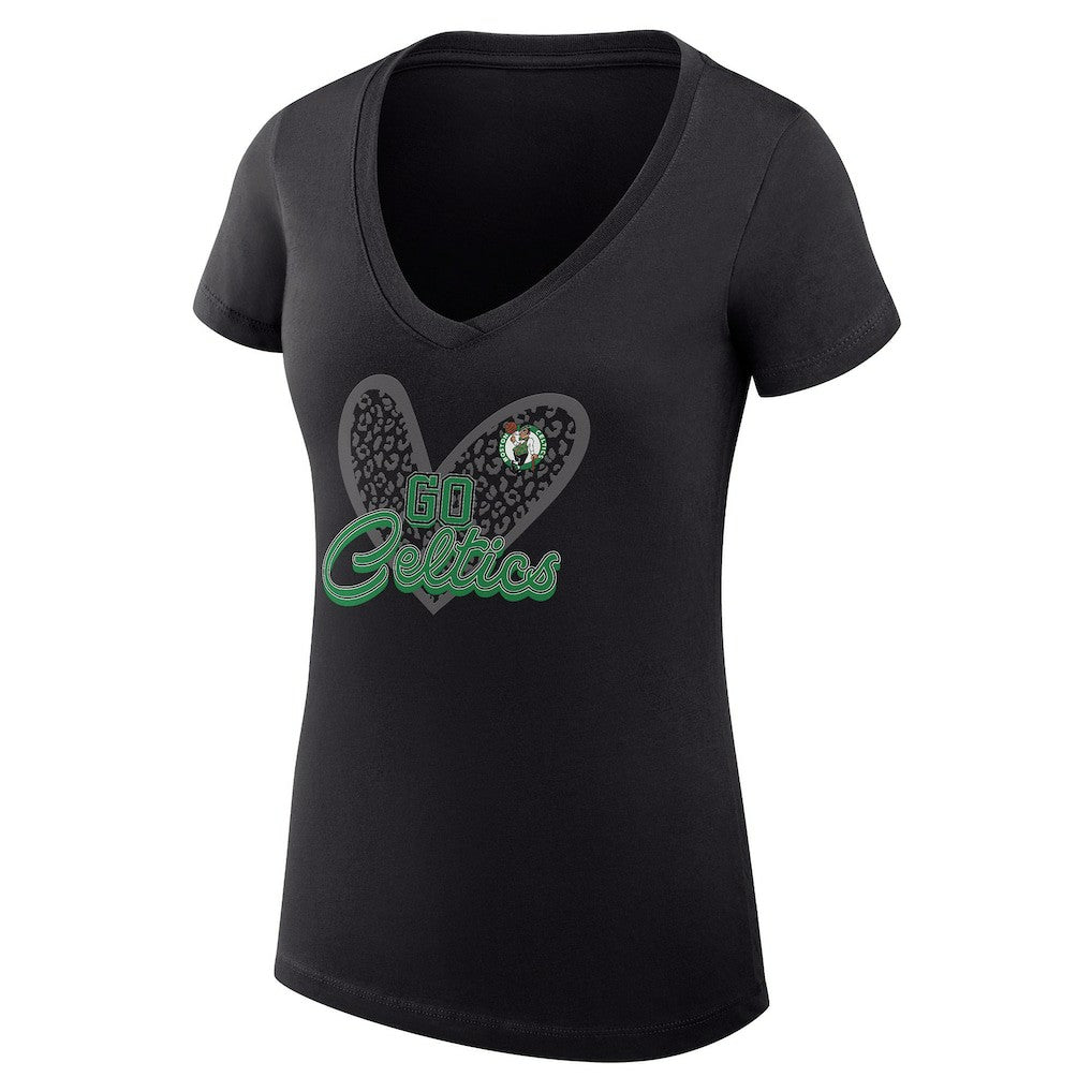 Boston Celtics G-III 4Her by Carl Banks Women's Super-Slim Fit Lightweight Leopard Heart V-Neck T-Shirt