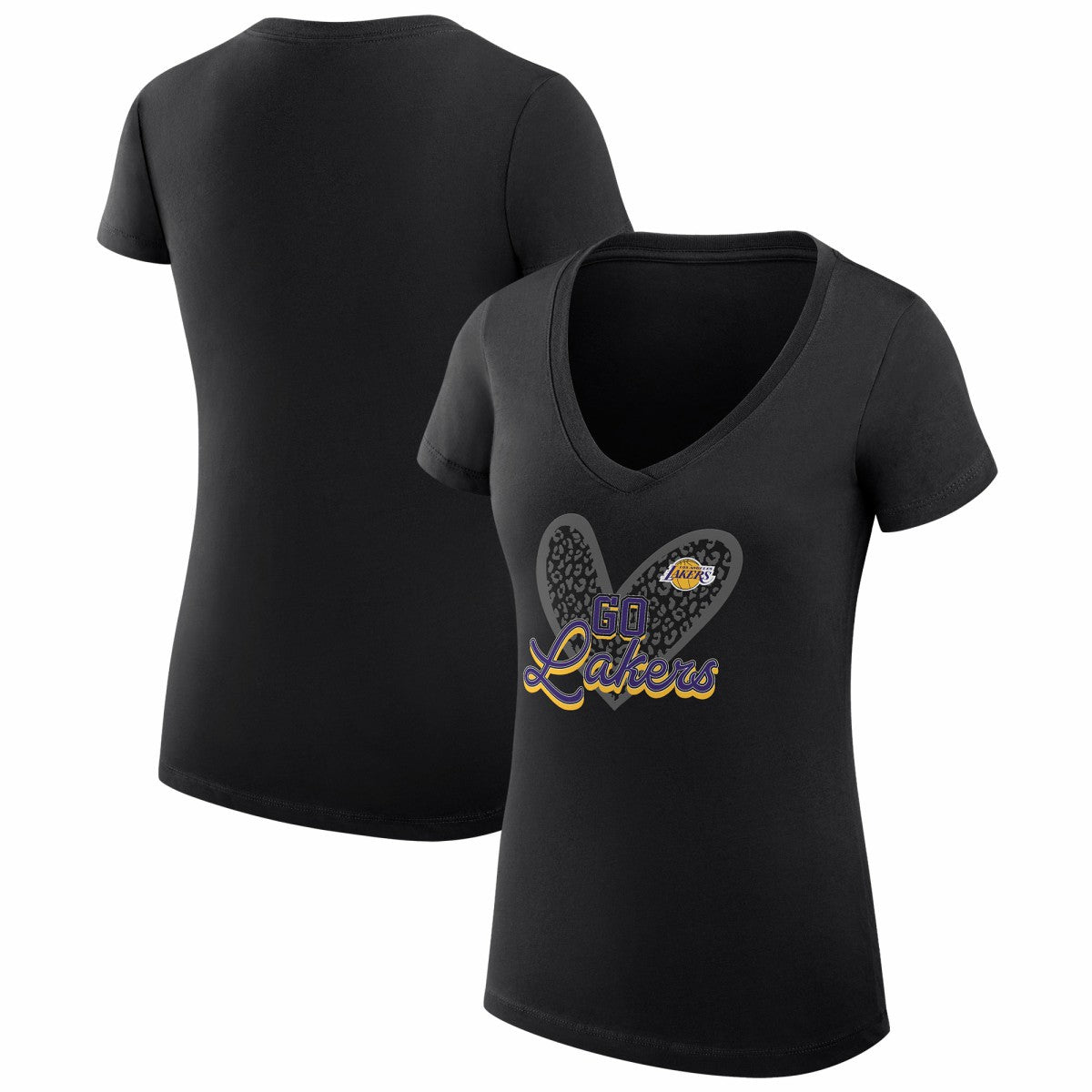 Los Angeles Lakers G-III 4Her by Carl Banks Women's Super-Slim Fit Lightweight Leopard Heart V-Neck T-Shirt